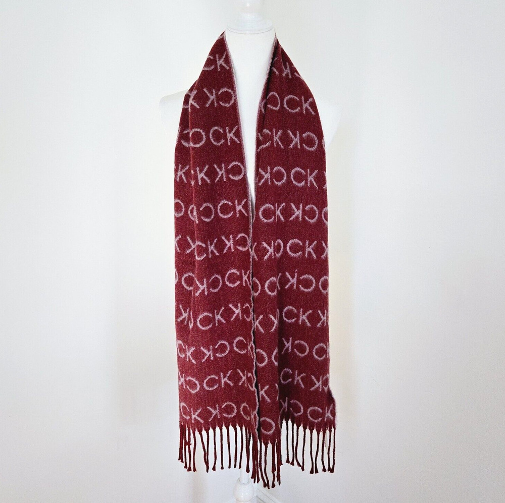 Calvin Klein Knit Scarf Red Cozy Wrap Soft Fringe Classic Logo Outdoor NEW 68"